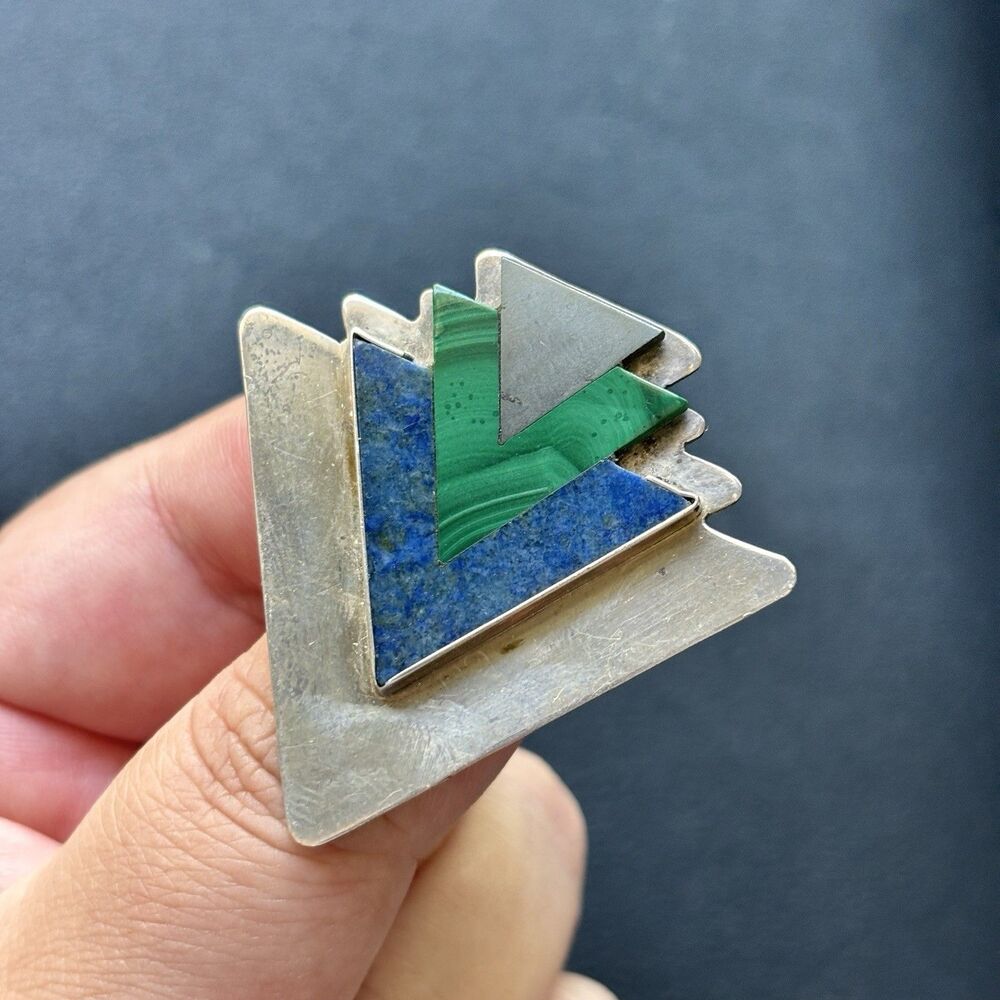 GFMW Sterling Silver 925 Geometric Triangle Malachite Lapis Brooch Pin